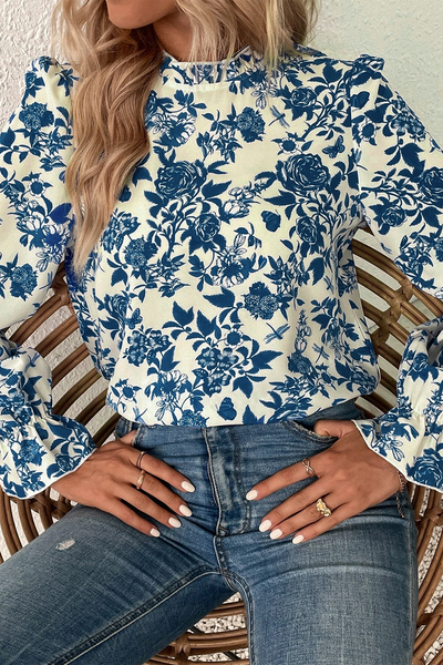 Blue Floral Flounce Sleeve Blouse Top