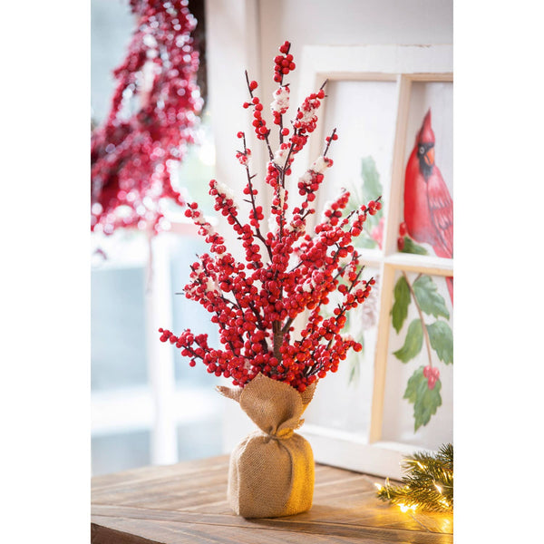 Red Berry Tree with Burlap Pot Table Decor