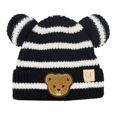 BABY Striped Teddy Bear Double Pom C.C Beanie