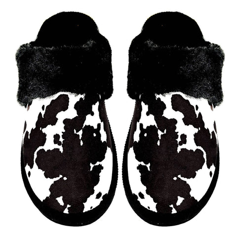 Black Cow Print Faux Fur C.C Slippers