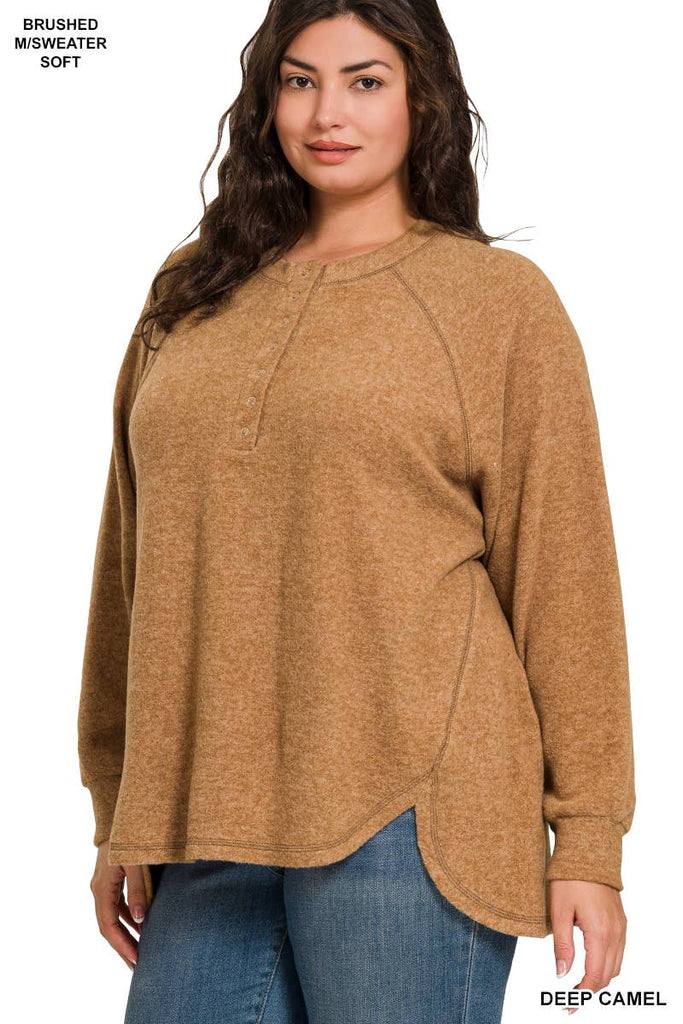 Camel brushed hacci henley sweater Plus