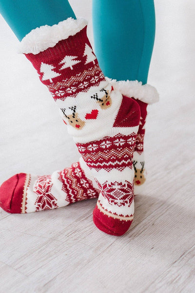 Red Reindeer Fleece Socks