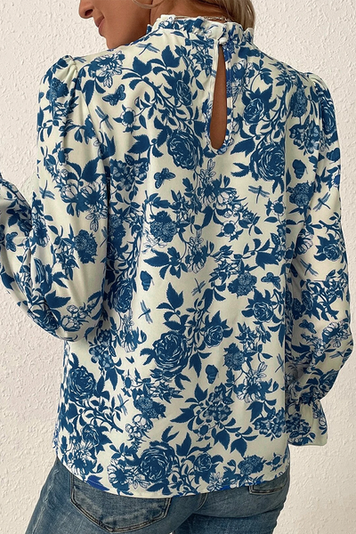 Blue Floral Flounce Sleeve Blouse Top