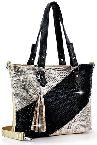 Black Gold Rhinstone Accent Tote Handbag