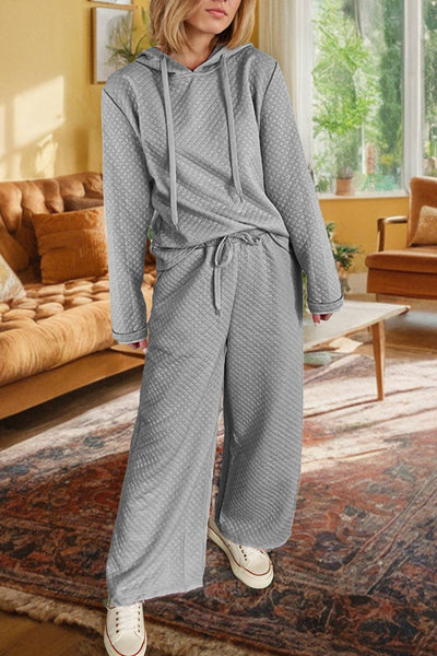 Gray quilted Hoodie Wide Leg Pants Set