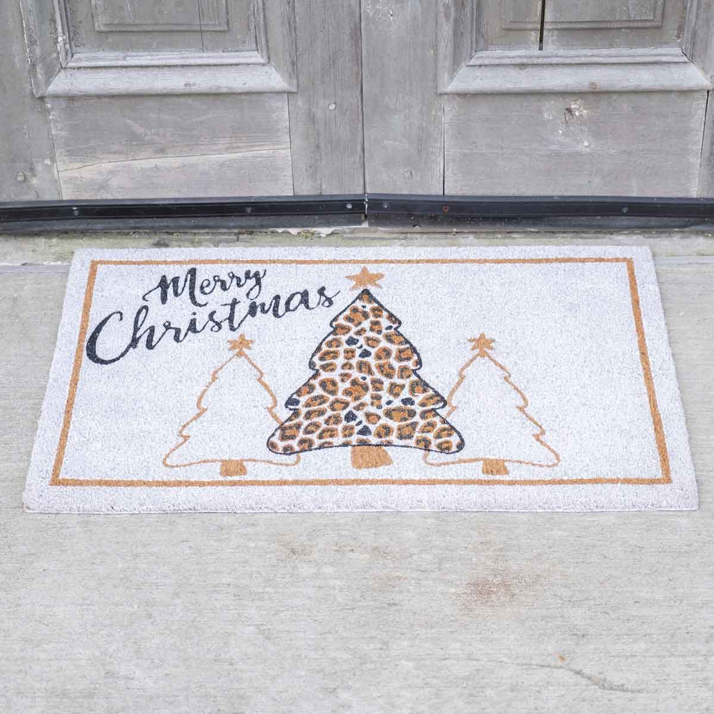 Leopard Christmas Tree Coir Doormat   White/Brown/Black   30x18