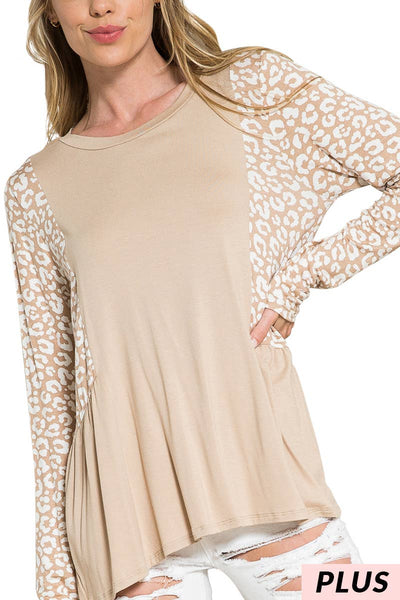 Taupe Cheetah Print Babydoll Top Plus