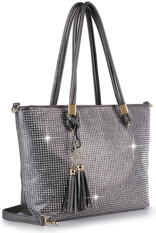 Pewter Rhinestone Tassel Accented Tote