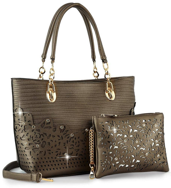 Bronze Rhinestone Accent Handbag Set