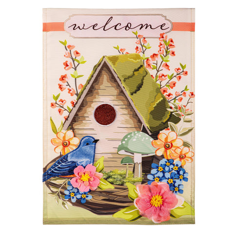 Spring Birdhouse Applique Garden Flag