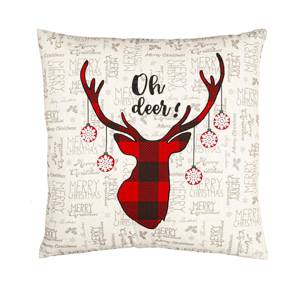 Red Plaid Oh Deer Reindeer Winter Pillow