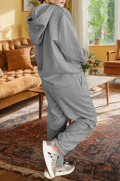 Gray quilted Hoodie Wide Leg Pants Set