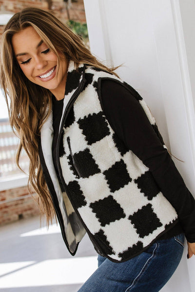 Black Checkered Sherpa Collared Vest