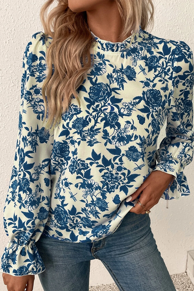 Blue Floral Flounce Sleeve Blouse Top