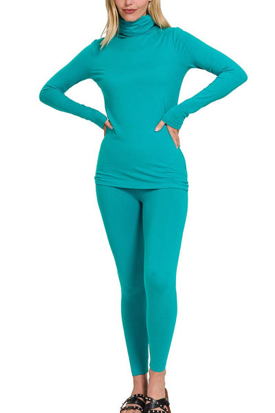 Teal Brushed Mock Neck Top & Leggings Set