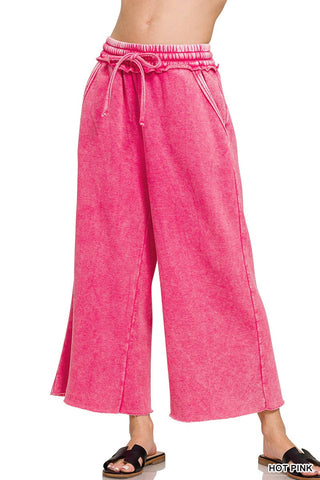 Hot Pink Acid Wash Fleece Wide Leg Sweatpants