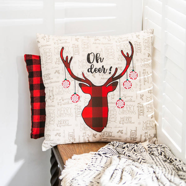 Red Plaid Oh Deer Reindeer Winter Pillow