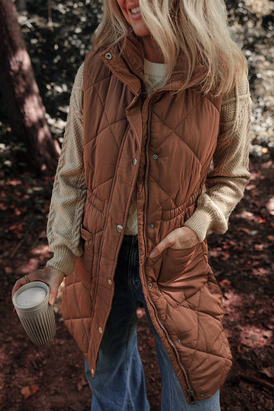 Coffee Quilted longline Puffer Vest