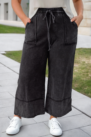 Black Mineral Wash Wide Leg Pants Plus