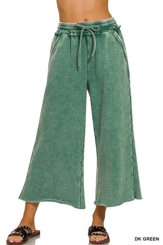 Dark Green Acid Wash Fleece Sweatpants With Pockets