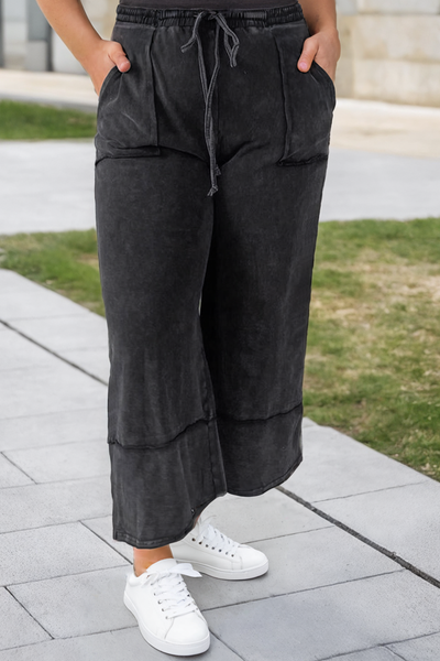 Black Mineral Wash Wide Leg Pants Plus