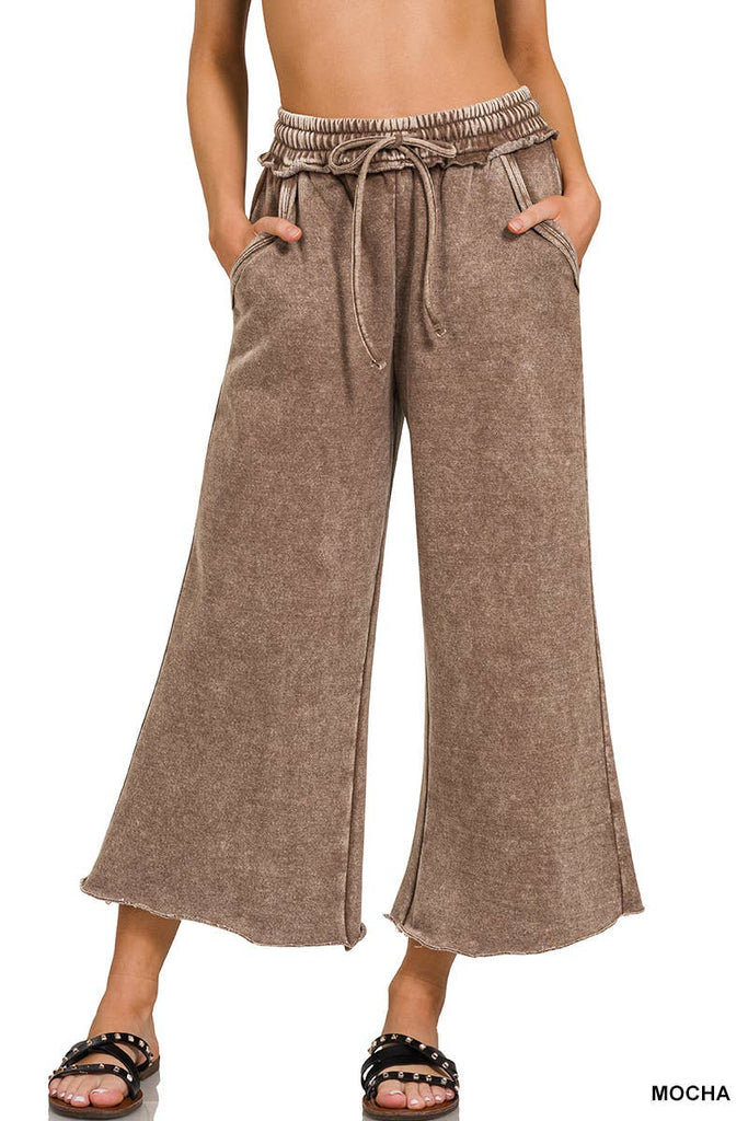 Mocha Acid Wash Fleece Sweatpants With Pockets