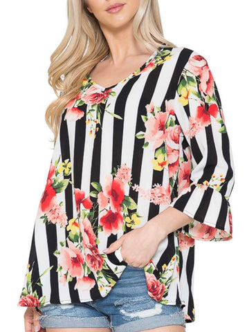 Black stripe floral print top