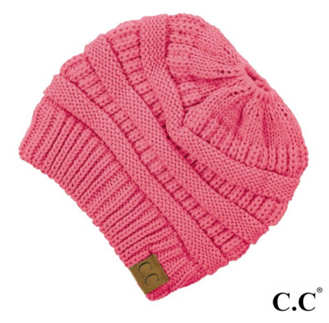 New Candy Pink CC beanie messy bun