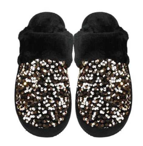 Gold Sequin Faux Fur C.C Slippers