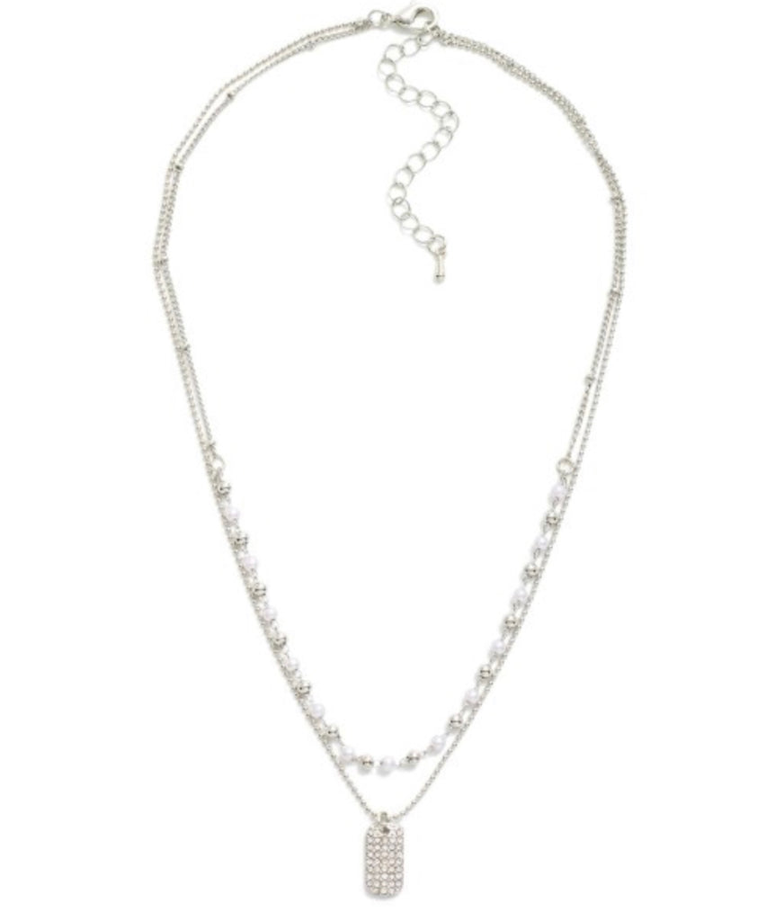 Pearl layered Rhinestone tag Necklace