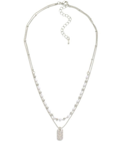 Pearl layered Rhinestone tag Necklace