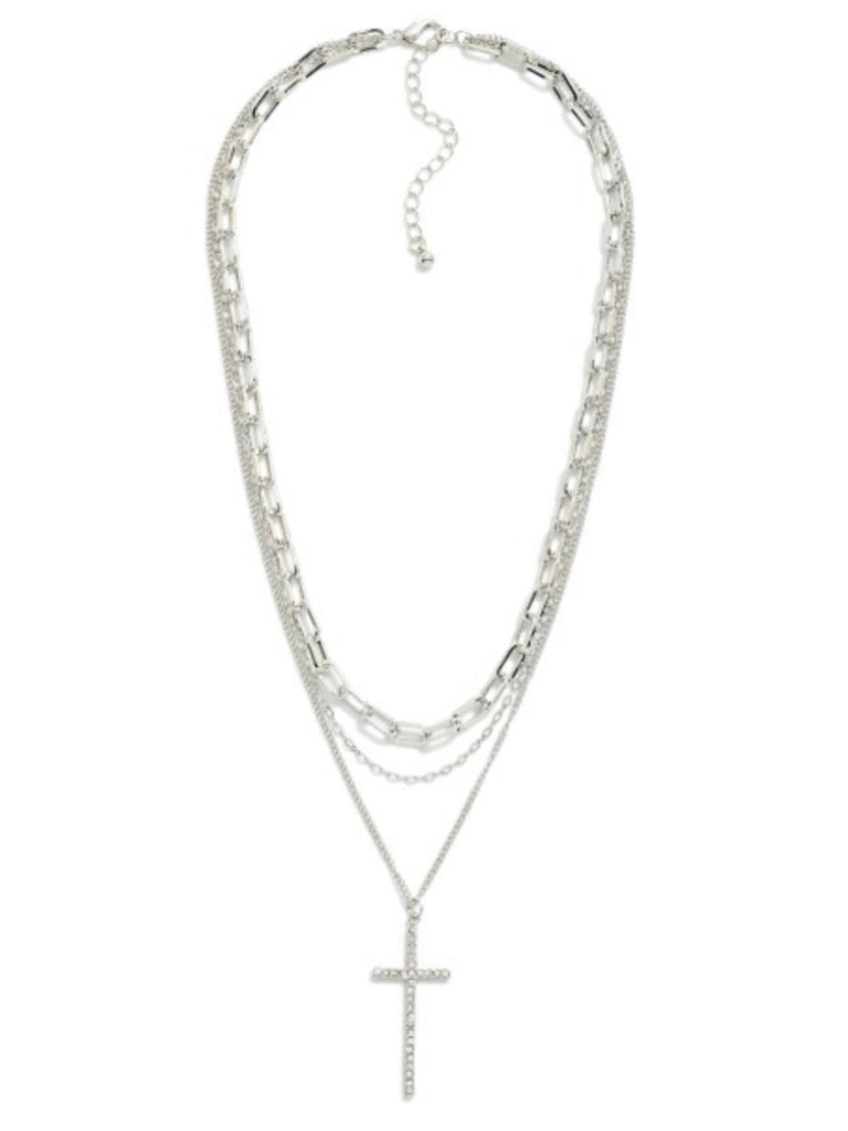 Silver rhinestone Cross triple layer necklace