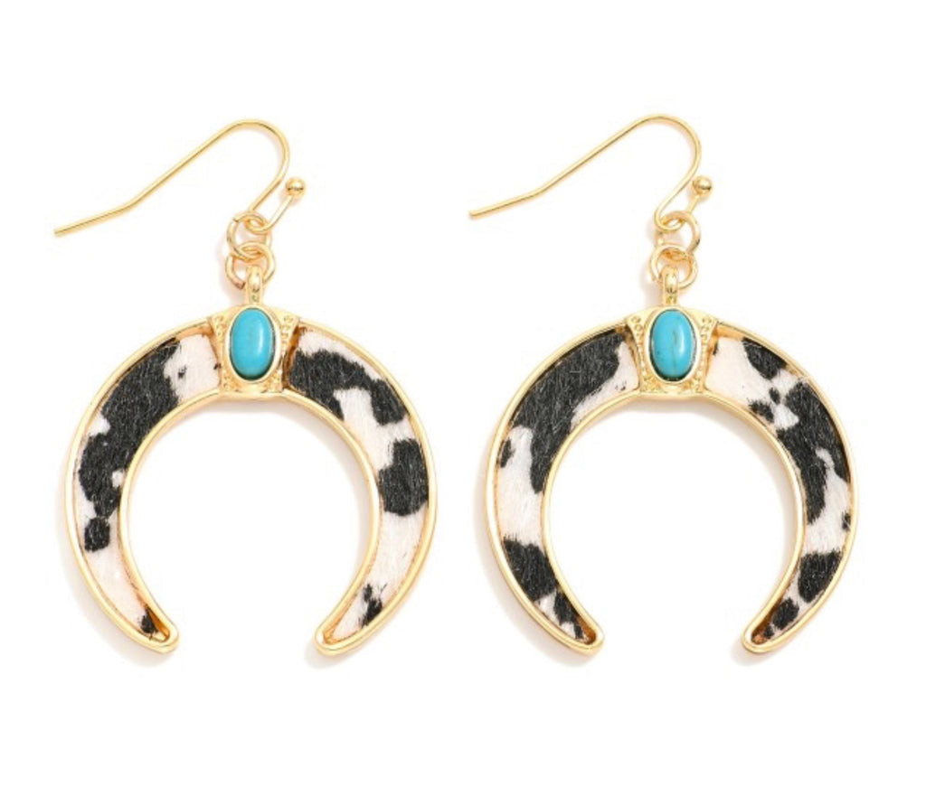 Turquoise cow print crescent earring