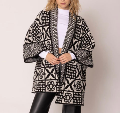 Black white Geo Print Cardigan Sweater