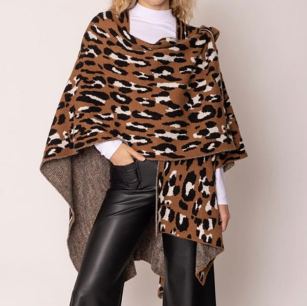 Leopard print knit shaw Ruana