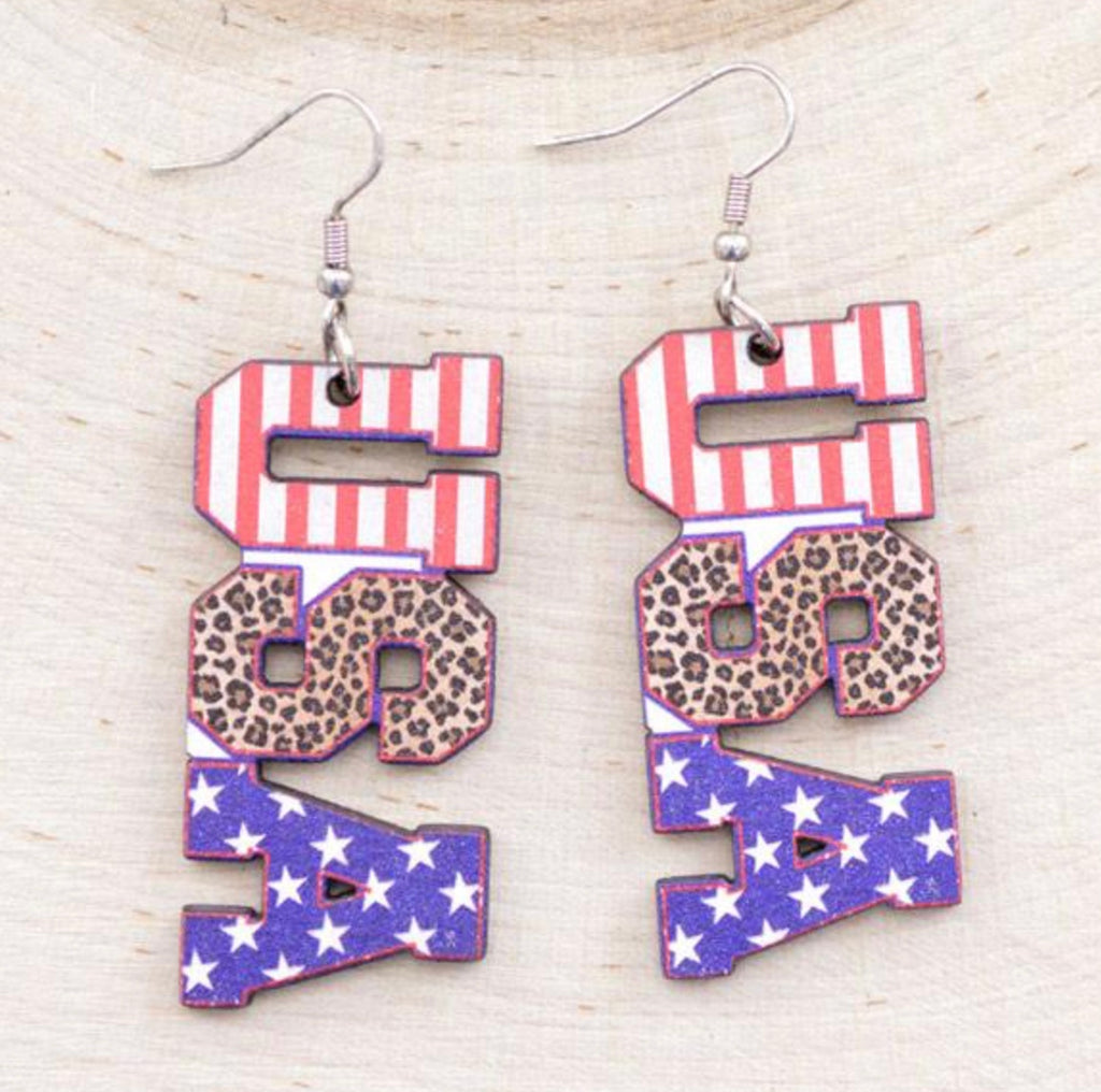 USA Wooden Dangle Earrings