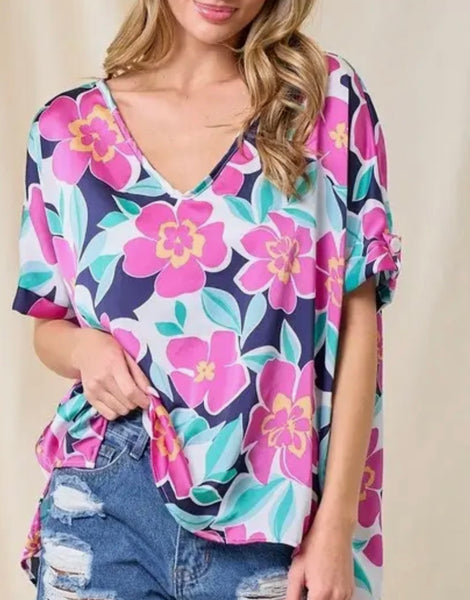 Fuchsia Navy floral top Plus