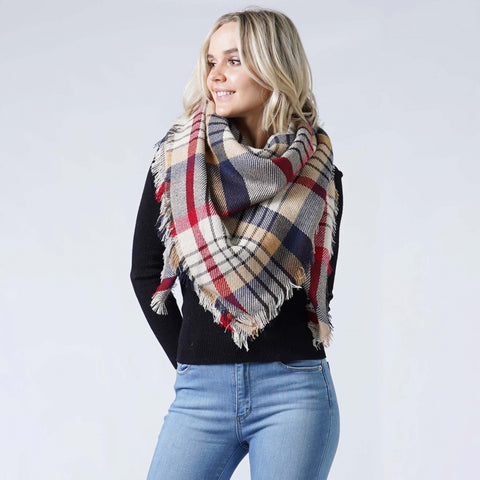 Blue Red Ivory plaid blanket scarf