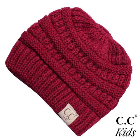 Burgundy Kids messy bun beanie