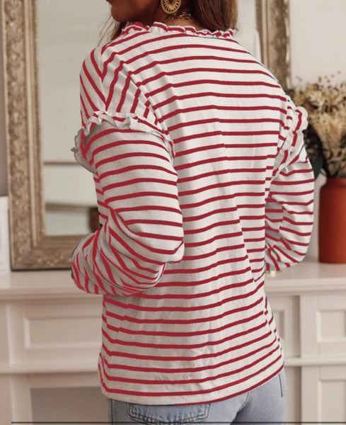 Red Stripe Button Neck Top