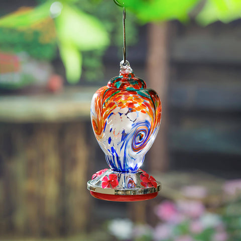 Blue Mutli-Colored Swirled Glass Hummingbird Feeder