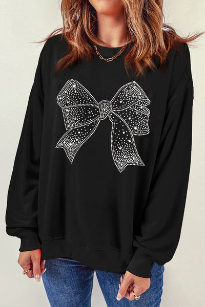 Black Rhinestone Bow Ribbon Sweatshirt