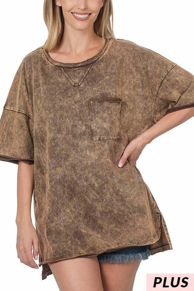 Mocha Acid Wash T-shirt Top Plus