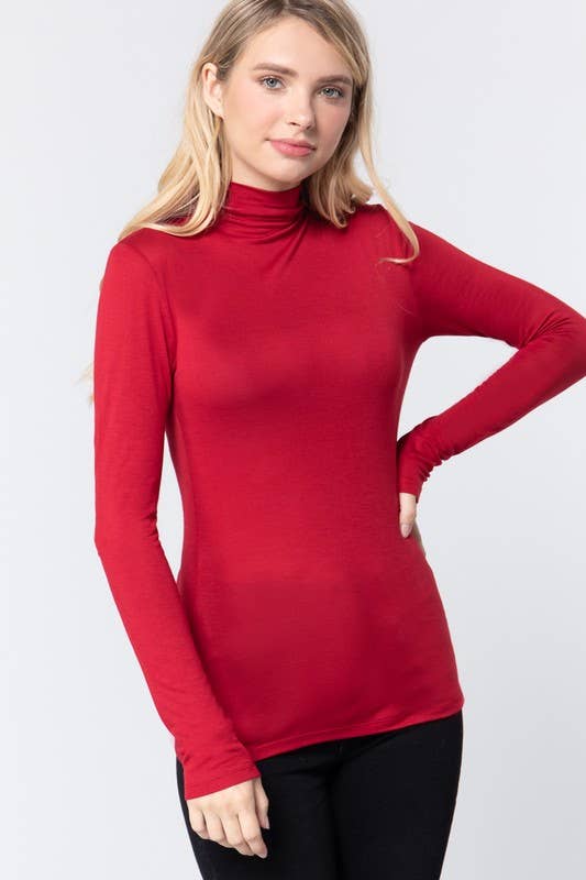 Red Basic Mock Neck Turtleneck Top