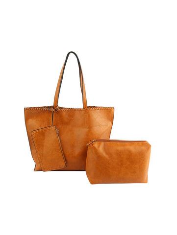 Camel Brown Whipstitch Accent Tote Set