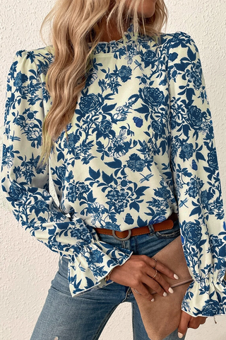 Blue Floral Flounce Sleeve Blouse Top