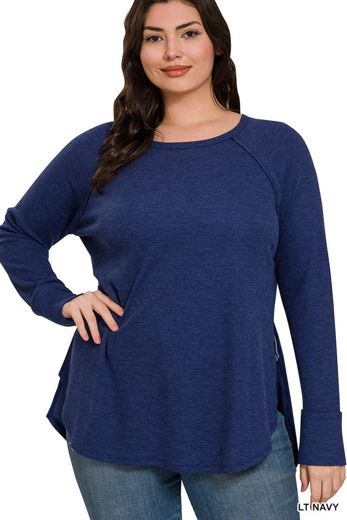 Navy Waffle Long Sleeve Top Plus