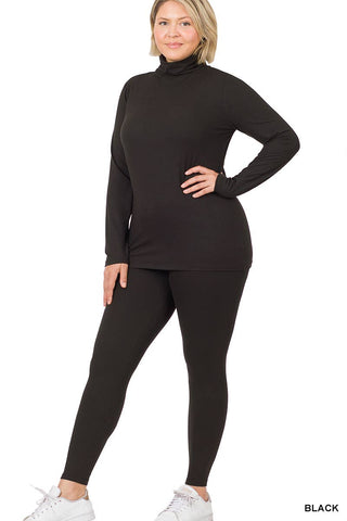 Black Mock Neck Top & Leggings Set Plus