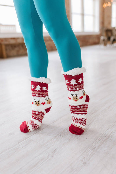 Red Reindeer Fleece Socks