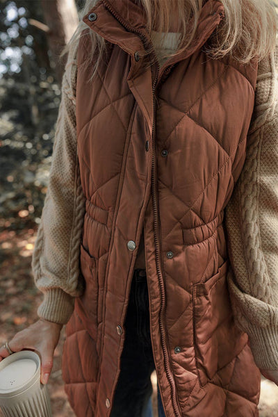 Coffee Quilted longline Puffer Vest